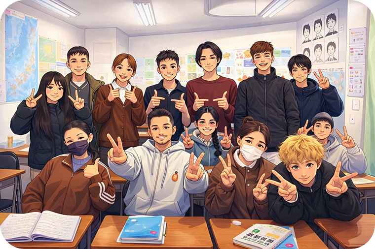 日本語学校の教室で集合する学生たち
