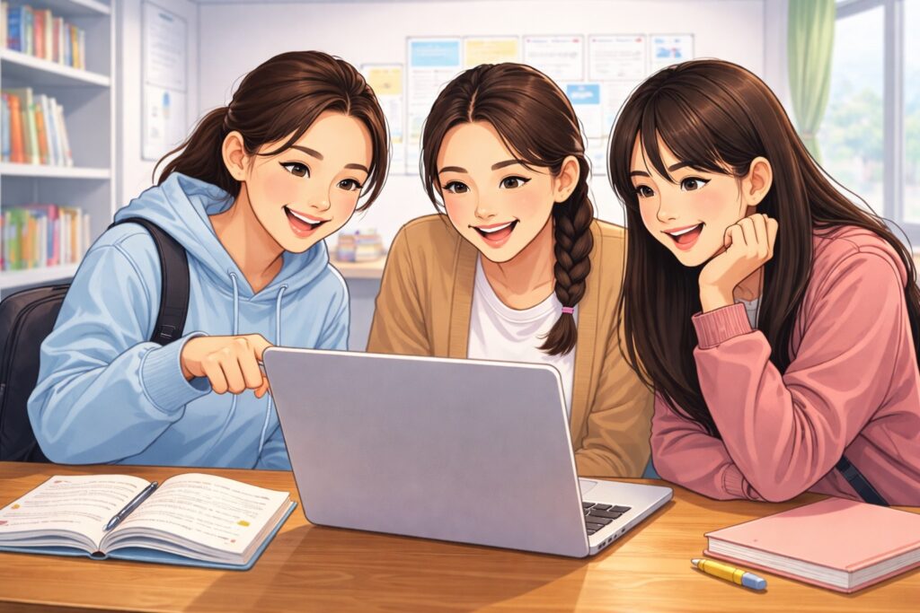 女子3人1つのパソコンでオンライン学習